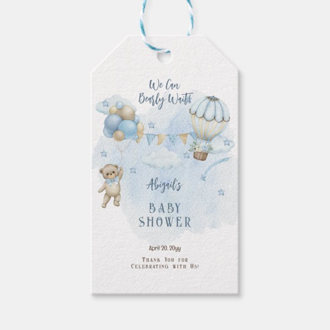 Teddy Bear Balloons Boy Bearly Wait Baby Dusche Geschenkanhänger (Vorderseite)