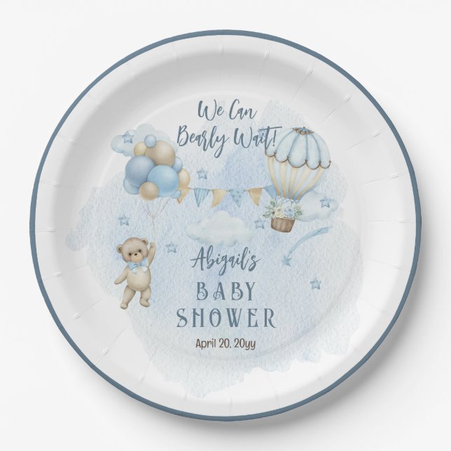 Teddy Bear Balloons Boy Bearly Wait Baby Dusche Pappteller (Vorderseite)