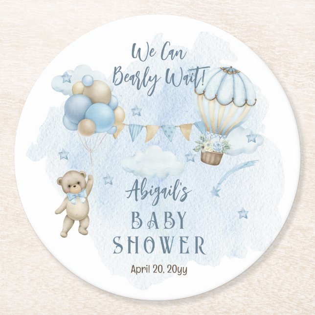 Teddy Bear Balloons Boy Bearly Wait Baby Dusche Runder Pappuntersetzer (Vorderseite)