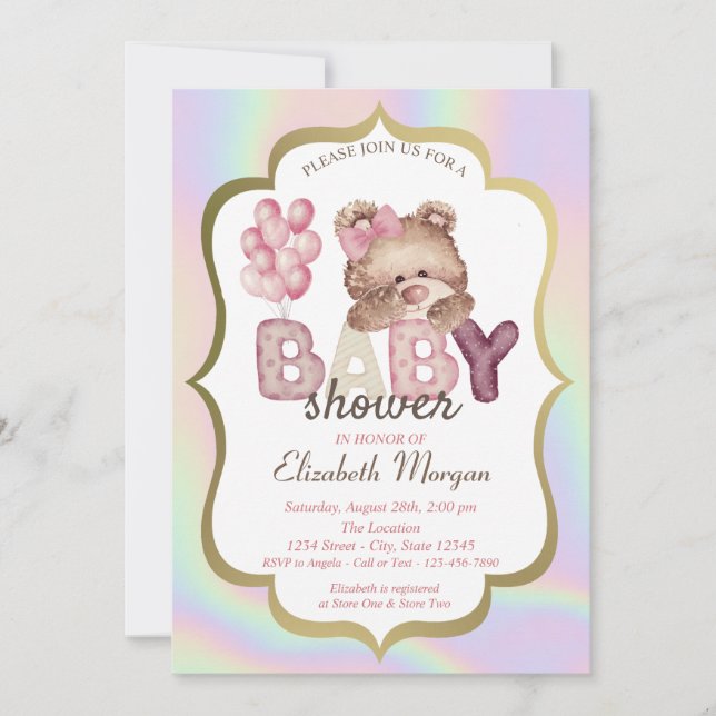Teddy Bear Balloons Frame Holographic Baby Show Einladung (Vorderseite)