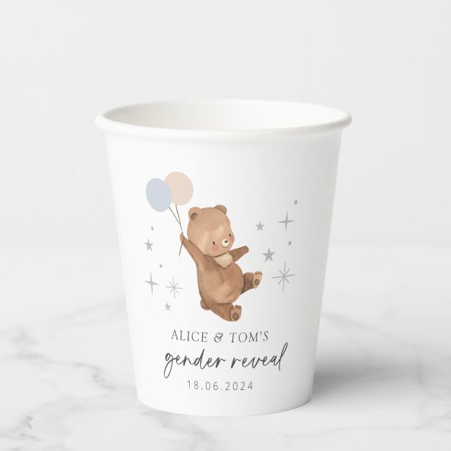 Teddy Bear Balloons Gender Reveal Pappbecher (Vorderseite)