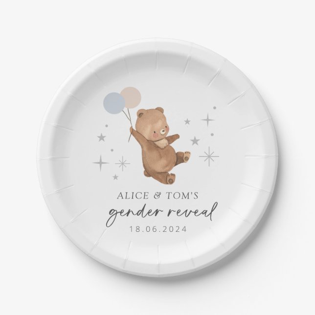 Teddy Bear Balloons Gender Reveal Pappteller (Vorderseite)