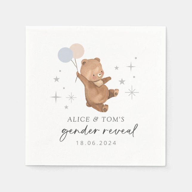 Teddy Bear Balloons Gender Reveal Serviette (Vorderseite)