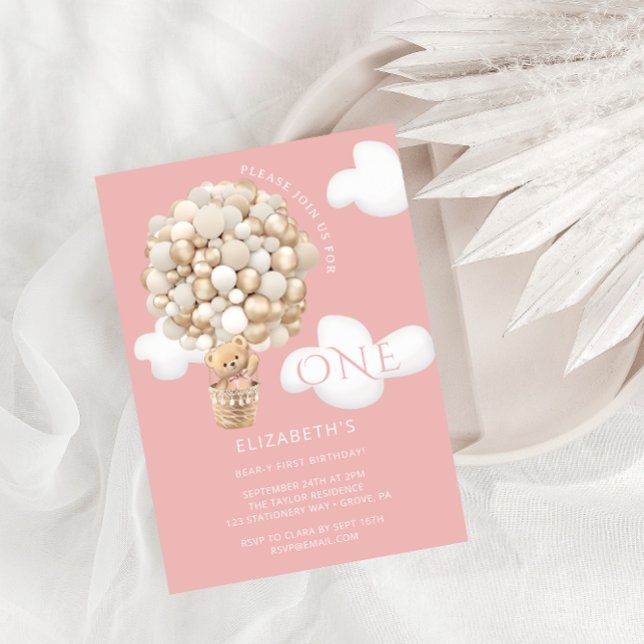 Teddy Bear Balloons Girl 1. Geburtstag Einladung (Von Creator hochgeladen)