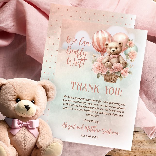 Teddy Bear Balloons Girl Bearly Wait Baby Shooter Dankeskarte (Teddy Bear in a Hot Air Balloon with Pink Flowers "We Can Bearly Wait" Girl Baby Shower Thank You)