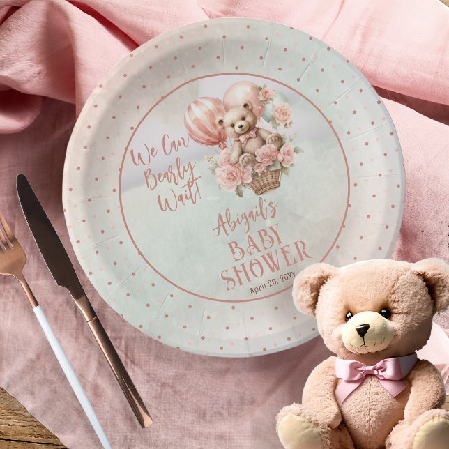 Teddy Bear Balloons Girl Bearly Wait Baby Shooter Pappteller (Teddy Bear in a Hot Air Balloon with Pink Flowers  Girl Baby Shower Paper Plates)