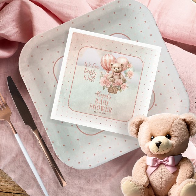 Teddy Bear Balloons Girl Bearly Wait Baby Shooter Serviette (Teddy Bear Hot Air Balloon | Pink Flowers "Bearly Wait" Girl Baby Shower Paper Napkins)