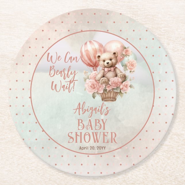 Teddy Bear Balloons Girl Bearly Wait Baby Shower Runder Pappuntersetzer (Vorderseite)