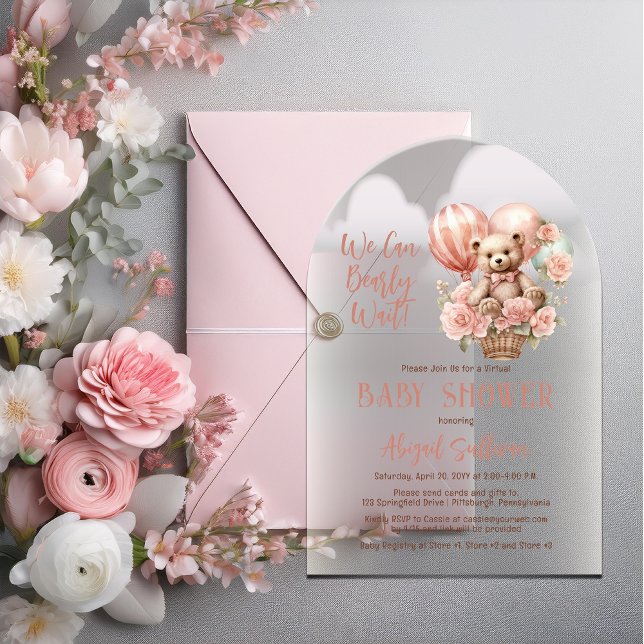 Teddy Bear Balloons Girl Virtual Baby Dusche Acryleinladungen (Teddy Bear and Balloons "We Can Bearly Wait" Girl Virtual Baby Shower Acrylic Invitation)