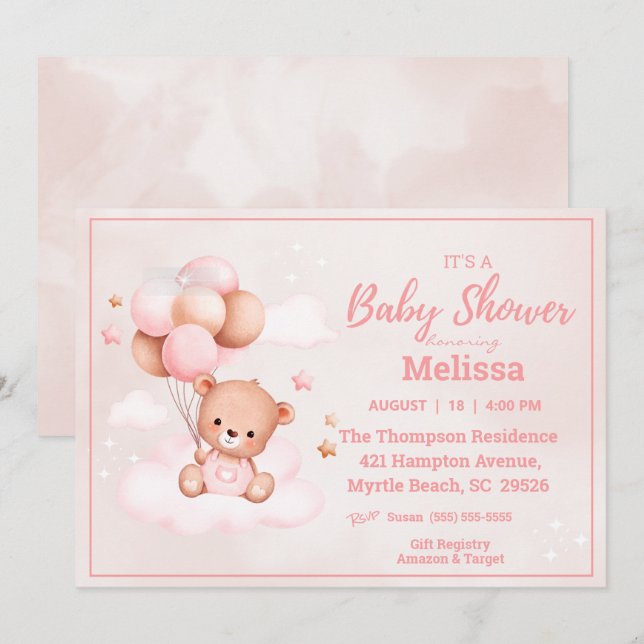 Teddy Bear Balloons Girls Baby Dusche Einladung (Vorne/Hinten)