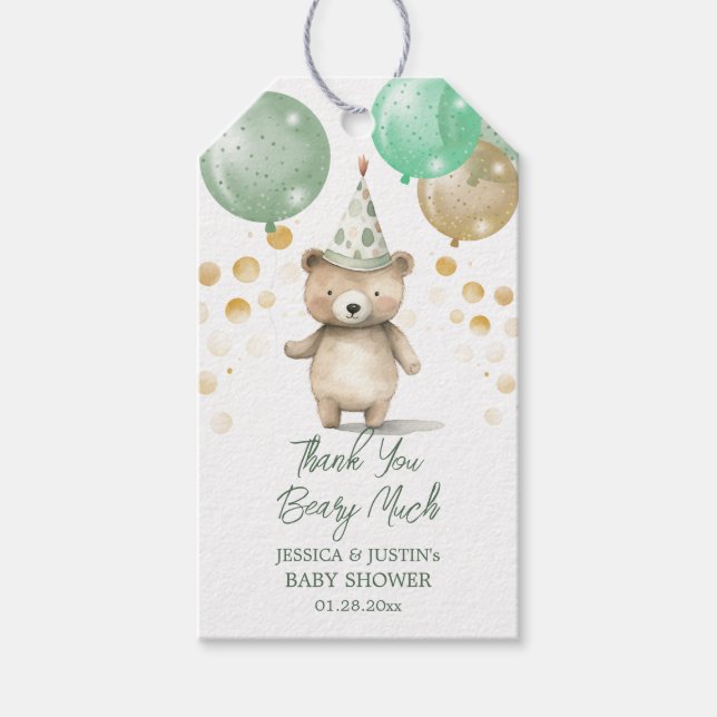 Teddy Bear Balloons Green Gold Baby Dusche Geschenkanhänger (Vorderseite)