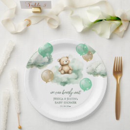 Teddy Bear Balloons Green Gold Sky Baby Dusche Pappteller