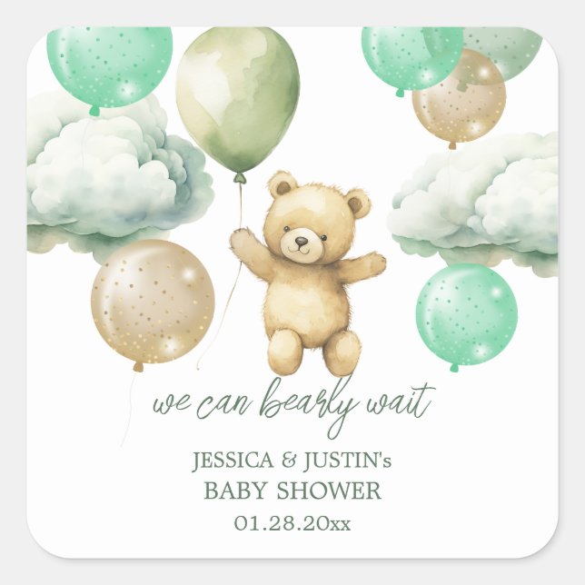 Teddy Bear Balloons Green Sky Baby Dusche Quadratischer Aufkleber (Vorderseite)