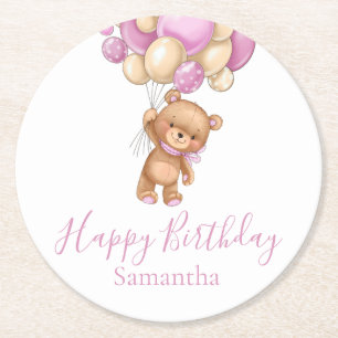 Teddy Bear Balloons Happy Birthday Pink Girl Runder Pappuntersetzer