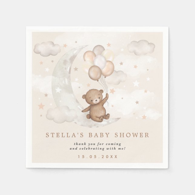 Teddy Bear Balloons Moon & Stars Baby Dusche Party Serviette (Vorderseite)