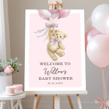 Teddy Bear Balloons Pink Baby Shower Welcome Sign