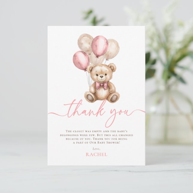 Teddy Bear Balloons Pink Girl Baby Dusche Dankeskarte (Stehend Vorderseite)