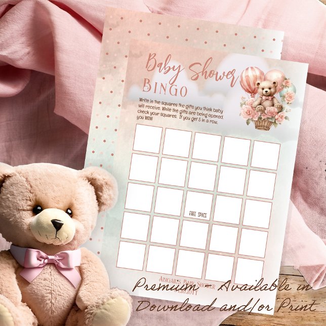 Teddy Bear Balloons Pink Girl Baby Shower Bingo Einladung (Teddy Bear Hot Air Balloon | Pink Flowers Girl Baby Shower Bingo Game Download and/or Print)