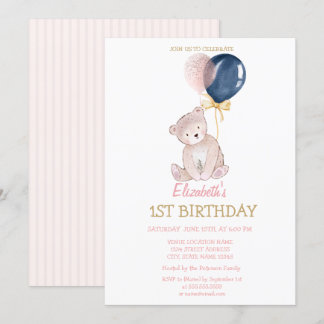 Teddy Bear Balloons Stripte Geburtstag Einladung