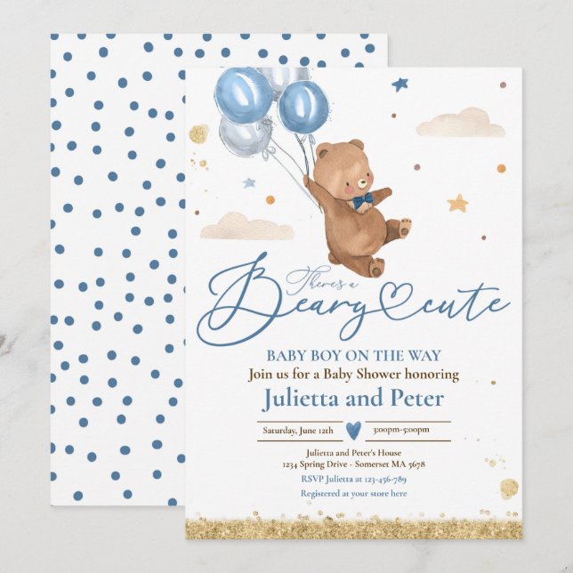 Teddy Bear Beary Niedlich Baby Boy Blue Baby Dusch Einladung (Vorne/Hinten)