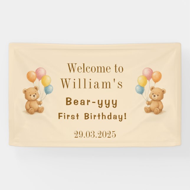 Teddy Bear Birthday Banner mit Pastellballons (Horizontal)