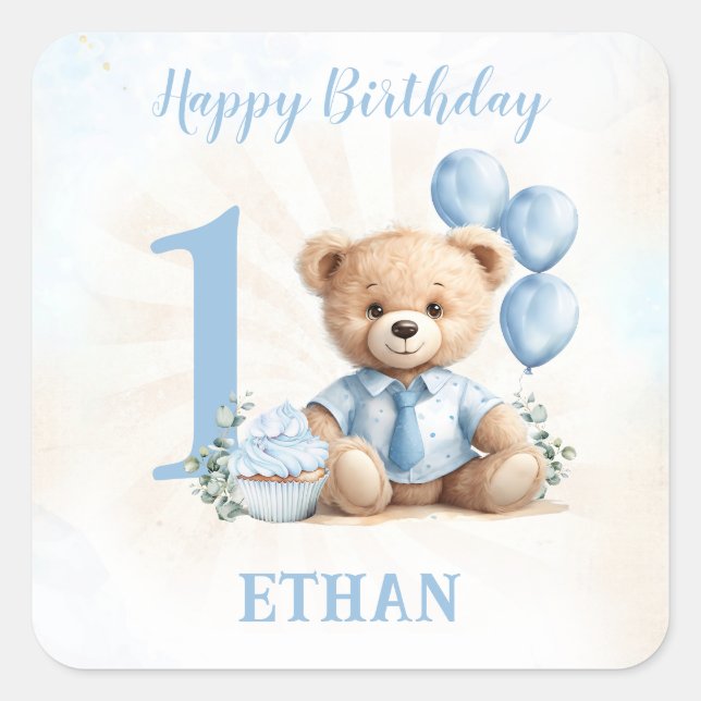 Teddy Bear Birthday Boy Blue Beige Stickers (Vorderseite)