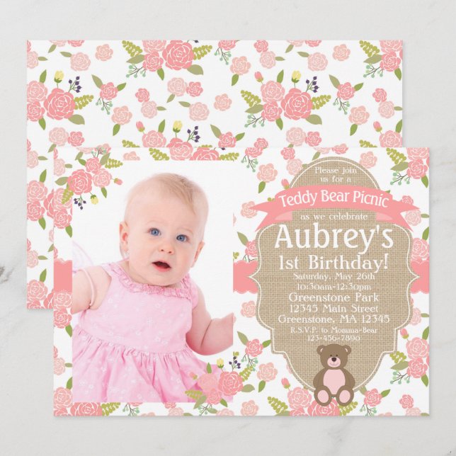Teddy Bear Birthday Invitation - Teddy Bear Picnic Einladung (Vorne/Hinten)