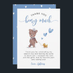 Teddy Bear Birthday Party Blue Dankeskarte<br><div class="desc">Niedliche Teddy Bär Thema Junge Geburtstagsparty Dankeschön-Karte mit Aquarell-Illustration eines Tubes in einem Seemann Outfit mit einem Entenspielzeug und blaues Herz. Die Nachricht dankt den Gästen für den Besuch des Party. Im Text oben steht: "Vielen Dank,  BEARY!"</div>