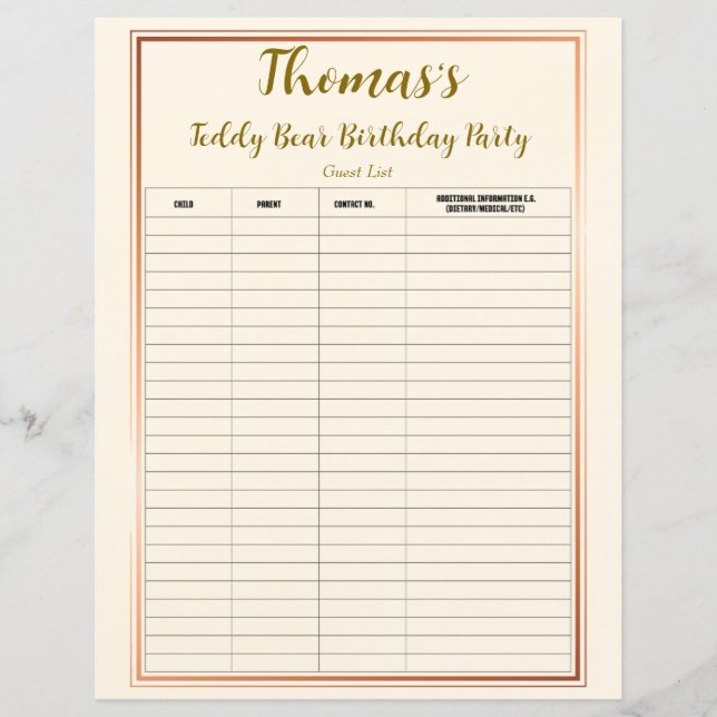 Teddy Bear Birthday Party Guest List (Vorderseite)