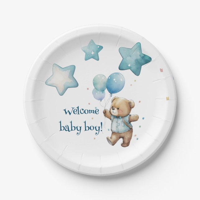 Teddy Bear Blue Baby Boy Dusche Teller (Vorderseite)