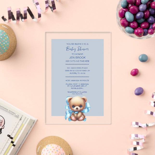 Teddy Bear Blue Baby Dusche Akryllische Einladung (Insitu (Feier))