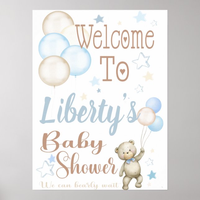 Teddy Bear Blue Baby Dusche Begrüßungszeichen Plak Poster (Vorne)