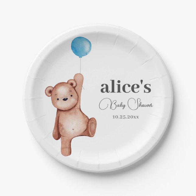Teddy Bear Blue Baby Dusche Pappteller (Vorderseite)