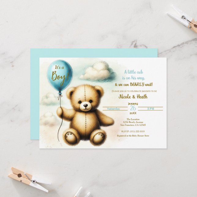 Teddy Bear Blue Ballon Bearly Wait Baby Dusche Einladung (Vorderseite/Rückseite Beispiel)