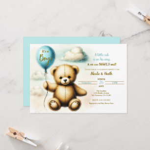 Teddy Bear Blue Ballon Bearly Wait Baby Dusche Einladung