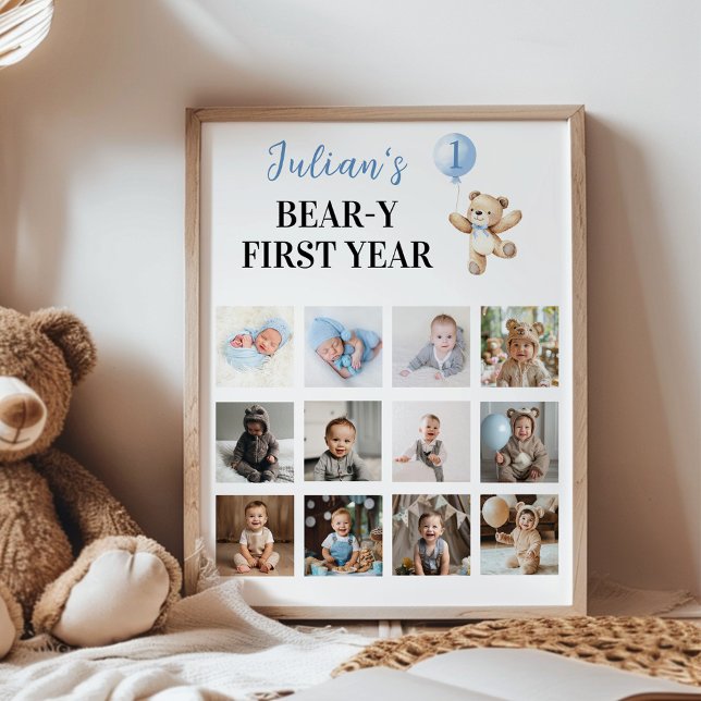 Teddy Bear Blue Ballon Erstes Jahr Foto Meilenstei Poster (Von Creator hochgeladen)