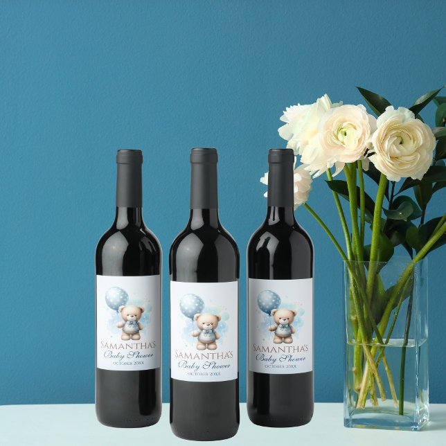 Teddy Bear & Blue Balloon Baby Boy Showpastel Weinetikett (Von Creator hochgeladen)