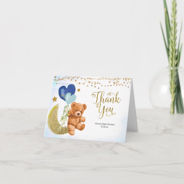 Teddy Bear Blue Balloon Baby Dusche Danke Karte (Vorderseite)