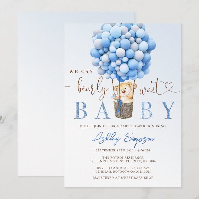 Teddy Bear Blue Balloon Baby Shower Einladung (Vorne/Hinten)