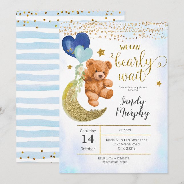 Teddy Bear Blue Balloon Baby Shower Einladung (Vorne/Hinten)