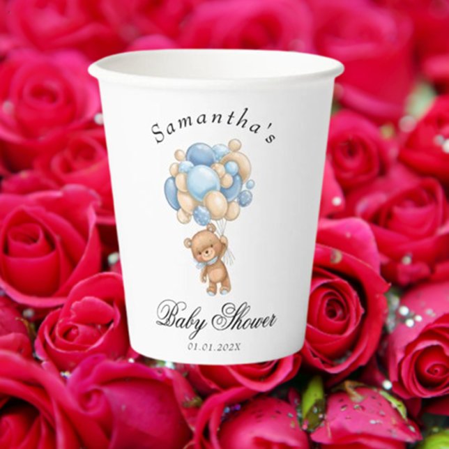 Teddy Bear Blue Balloon Baby Showpapier Cups Pappbecher (Celebrate your baby's special day with our charming Teddy Bear Blue Balloon paper cups.)