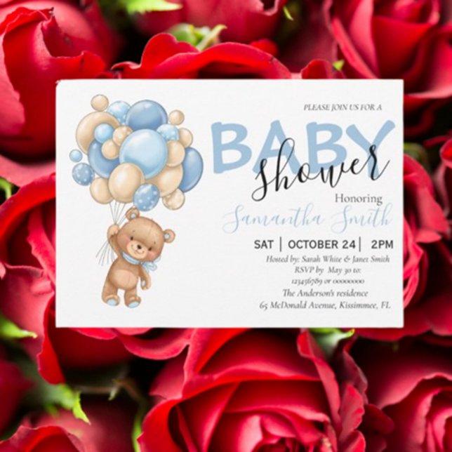 Teddy Bear Blue Balloon Babydusche Ankündigung (Celebrate your baby boy with a charming teddy bear blue balloon baby shower announcement.)