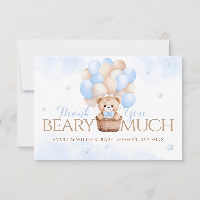Teddy Bear Blue Balloon Babydusche Dankeskarte (Vorderseite)