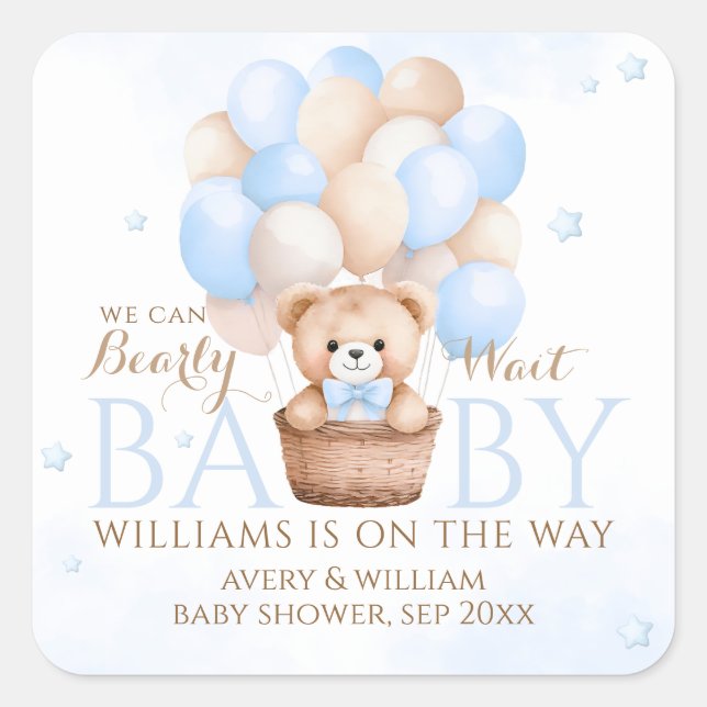 Teddy Bear Blue Balloon Babydusche Quadratischer Aufkleber (Vorderseite)