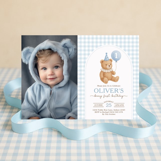 Teddy Bear Blue Balloon Beary First Birthday Foto Einladung (Von Creator hochgeladen)