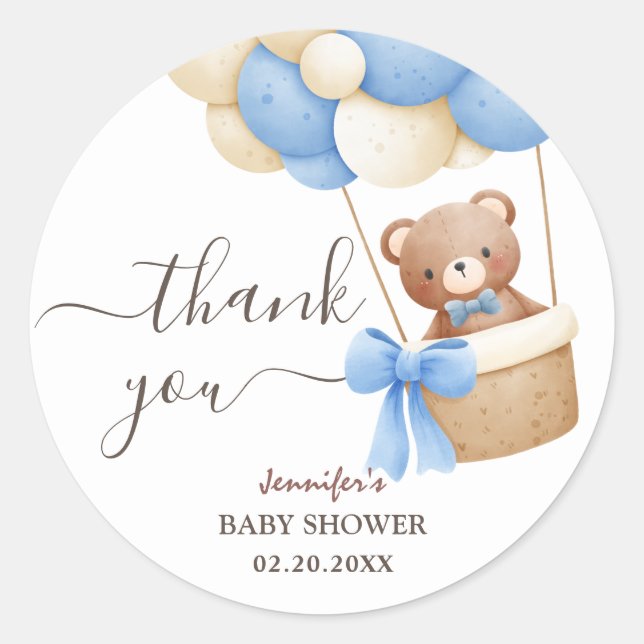 Teddy Bear Blue Balloon | Boy Baby Dusche Runder Aufkleber (Vorderseite)