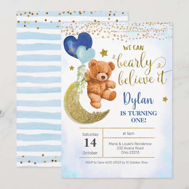 Teddy Bear Blue Balloon Boy Birthday Einladung (Vorne/Hinten)