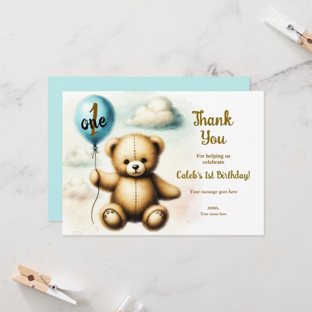 Teddy Bear Blue Balloon Geburtstag Vielen Dank Einladung (Vorderseite/Rückseite Beispiel)