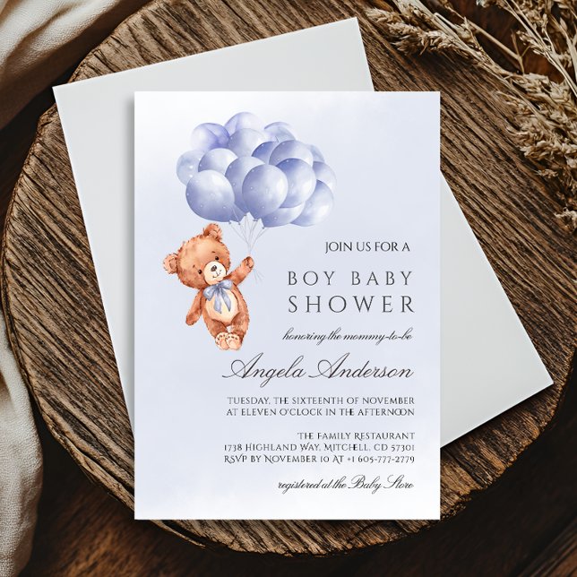 Teddy Bear Blue Balloon Wassercolor Babydusche Einladung (Teddy Bear Blue Balloon Watercolor Boy Baby Shower Invitation)