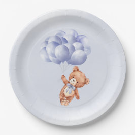 Teddy Bear Blue Balloon Wassercolor Babydusche Pappteller